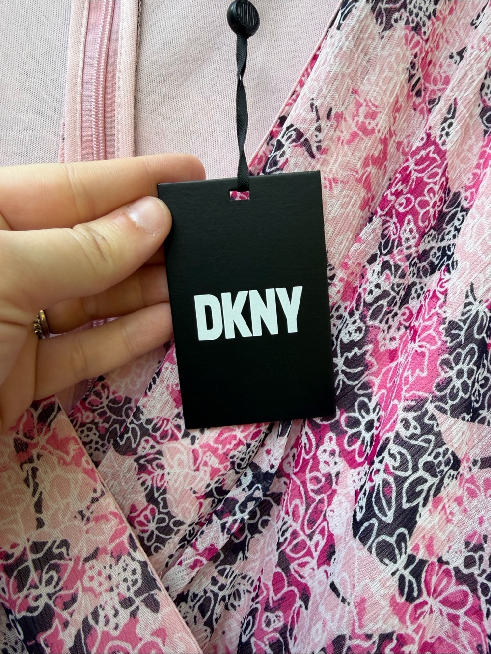 DKNY Floral Chiffon Midi Dress NWT Size 10 Pink Black Belted